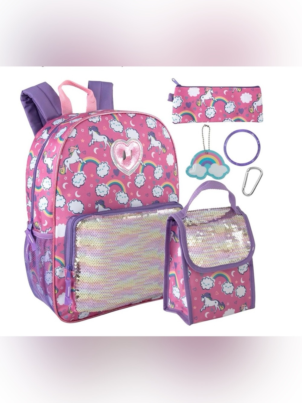School backpack 6-in-1: bag, pencil case, lunch bag, keychain Unicorn themed NWT